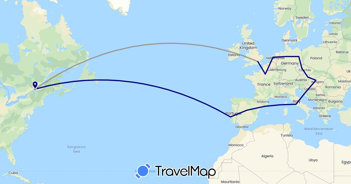TravelMap itinerary: driving, plane in Austria, Canada, Czech Republic, Germany, Spain, France, United Kingdom, Hungary, Italy, Netherlands, Portugal (Europe, North America)